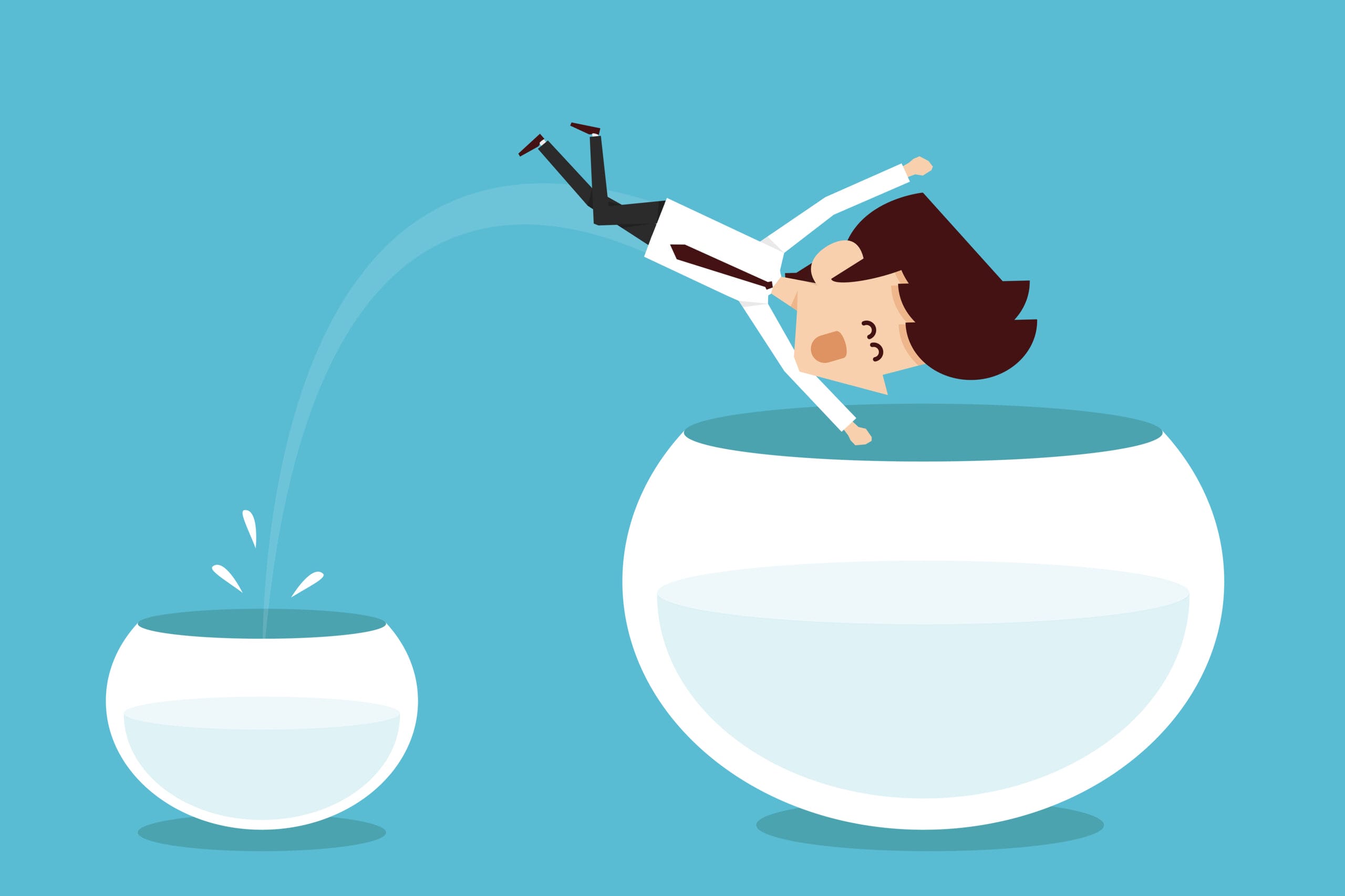 Un bonhomme qui plonge d'un bocal à un autre